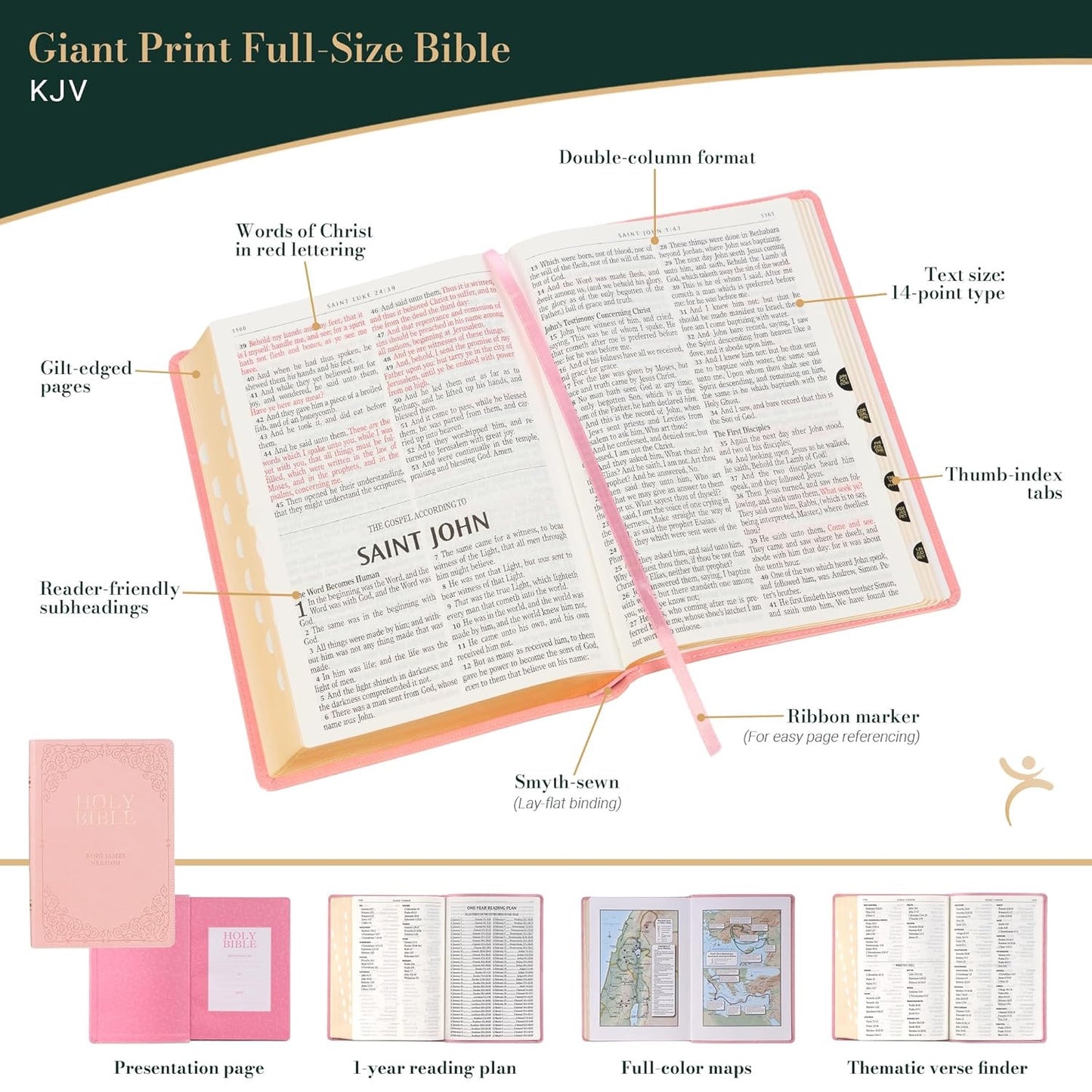 KJV Bible Giant Print Full Size Pink Christian Art Gifts Inc